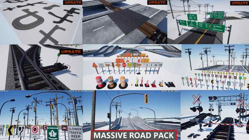 【UE4】大型道路套件交通工具火车轨道信号灯路障公路马路 Massive Roads Pack